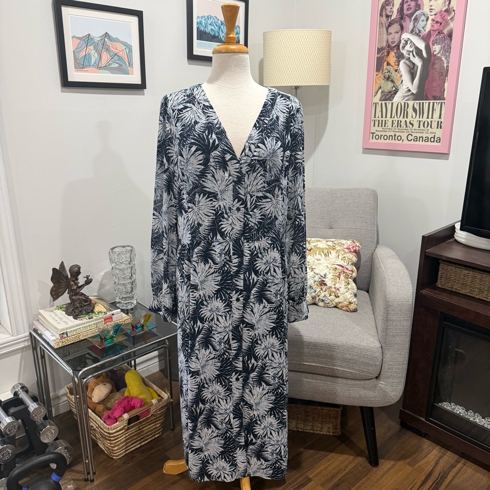 Michael Kors Navy and White Palm-Print Midi Dress